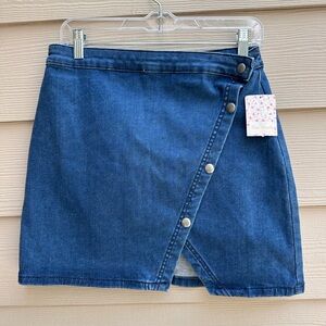 FREE PEOPLE We The Free Snap Front Blue Denim Mini Wrap Skirt Womens 10 NEW A39